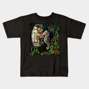 watercolor seahorse with garden and mixed flowers Kids T-Shirt